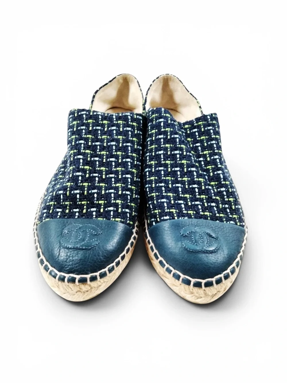 NWOT CHANEL CC Logo Cap Toe Navy Tweed Espadrille Flats Size EU 39